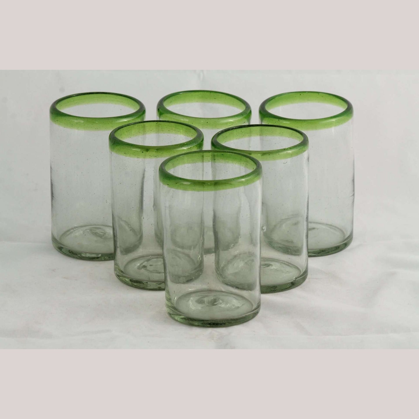 Lime Green Rim, Glass Tumblers, Set of 6, Hand Crafted Mexican Glassware