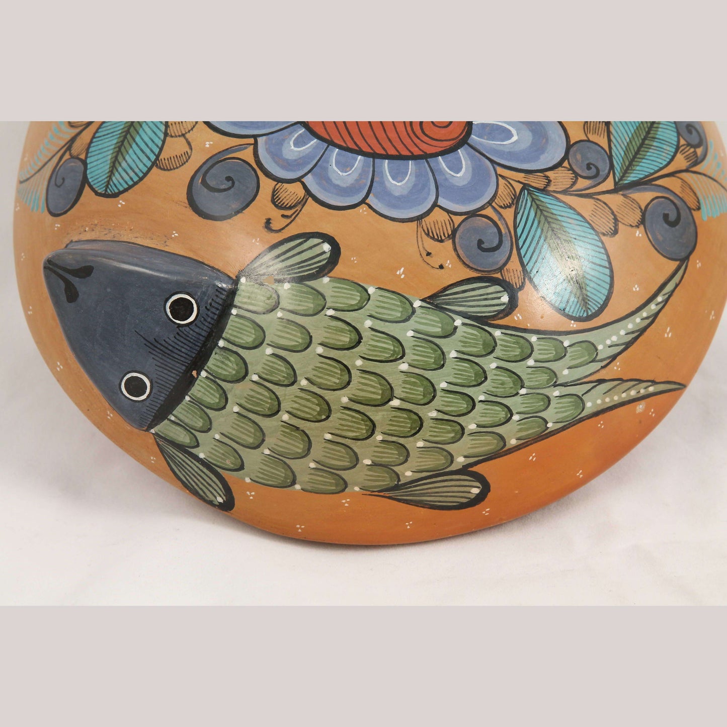 3 Footed Ceramic Vessel Mexico Fine Folk Art Master Jose Luis Cortez Green Fish