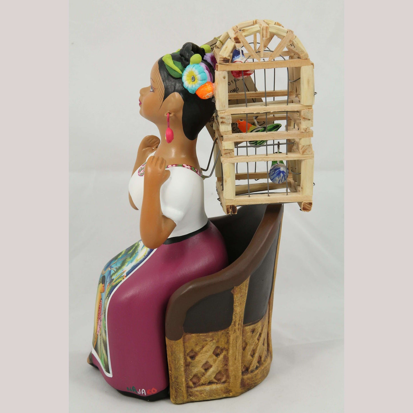Lupita Najaco Doll/Figurine Sitting w Chair/Bird Cage Mexican Folk Art Purple