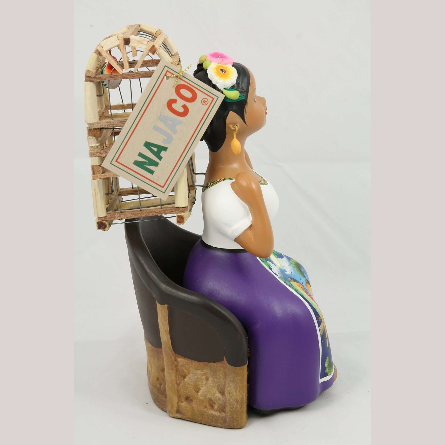 Seated Lupita Najaco Doll/Figurine Ceramic Mexican Back Bird Cage Plum