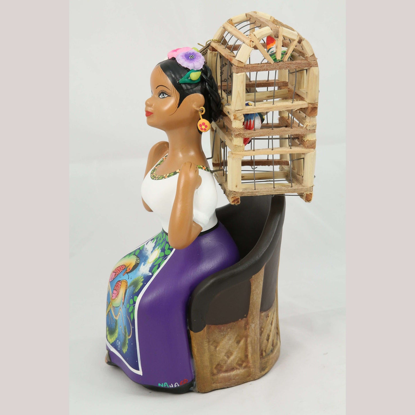 Seated Lupita Najaco Doll/Figurine Ceramic Mexican Back Bird Cage Plum