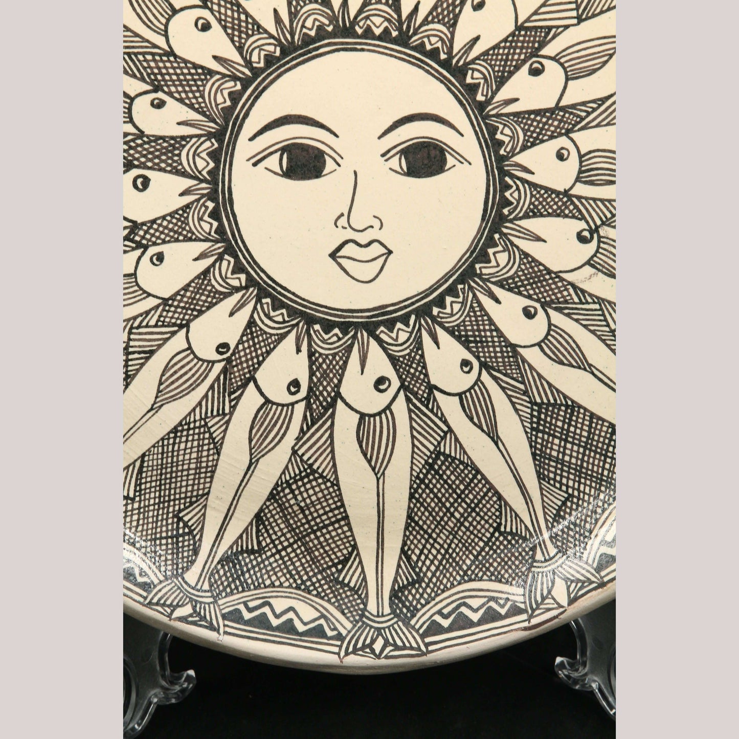 Ceramic Round Platter Potter Angelica Morales Mexican Folk Art Home Fish/Sun