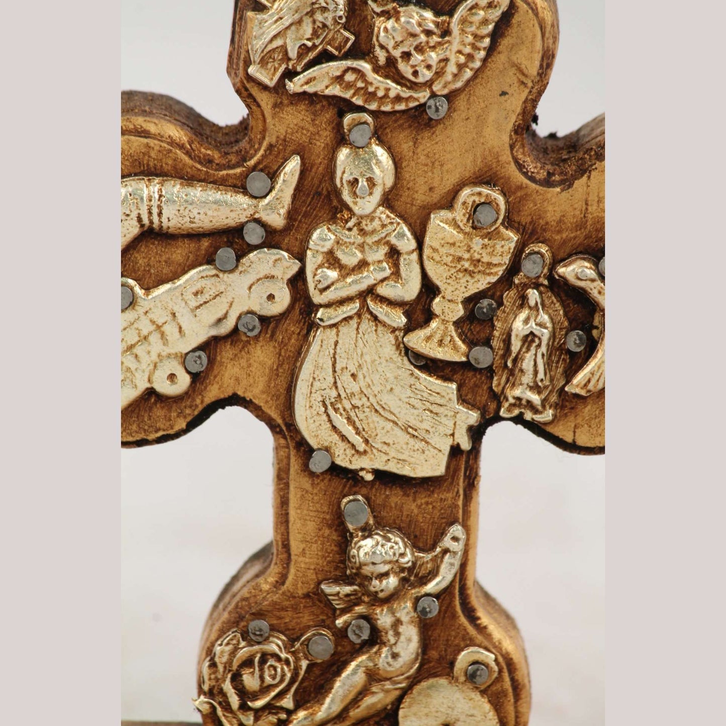 New Wood on Stand Cross/Milagros Mexican Folk Art Maiden Ocher