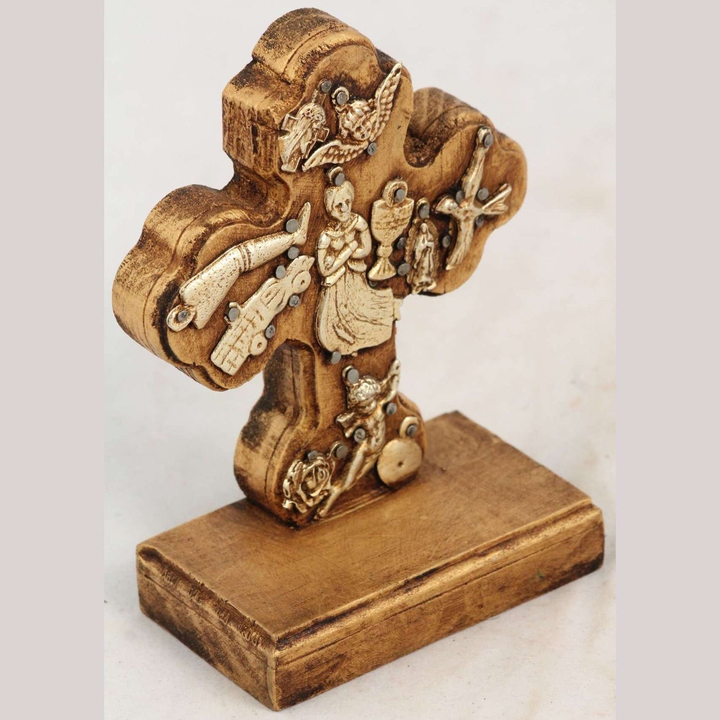 New Wood on Stand Cross/Milagros Mexican Folk Art Maiden Ocher