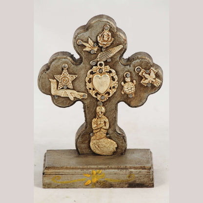 New Wood on Stand Cross/Milagros Mexican Folk Sacred Heart Gold/Silver