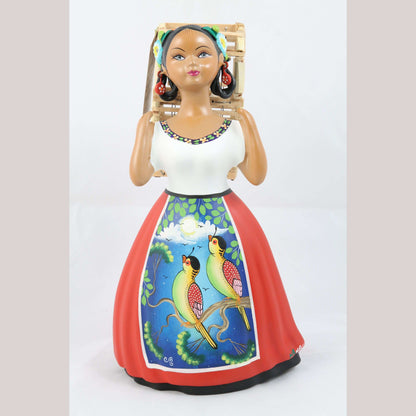 Lupita NAJACO Ceramic Doll Figurine Mexico Folk Art Back Cage Parrots Red #3