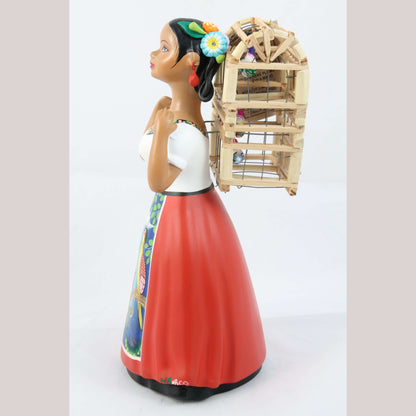 Lupita NAJACO Ceramic Doll Figurine Mexico Folk Art Back Cage Parrots Red #3