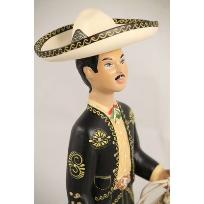 Charro Male Black Suit Ceramic Mexican Folk Art Figurine Doll Lupita