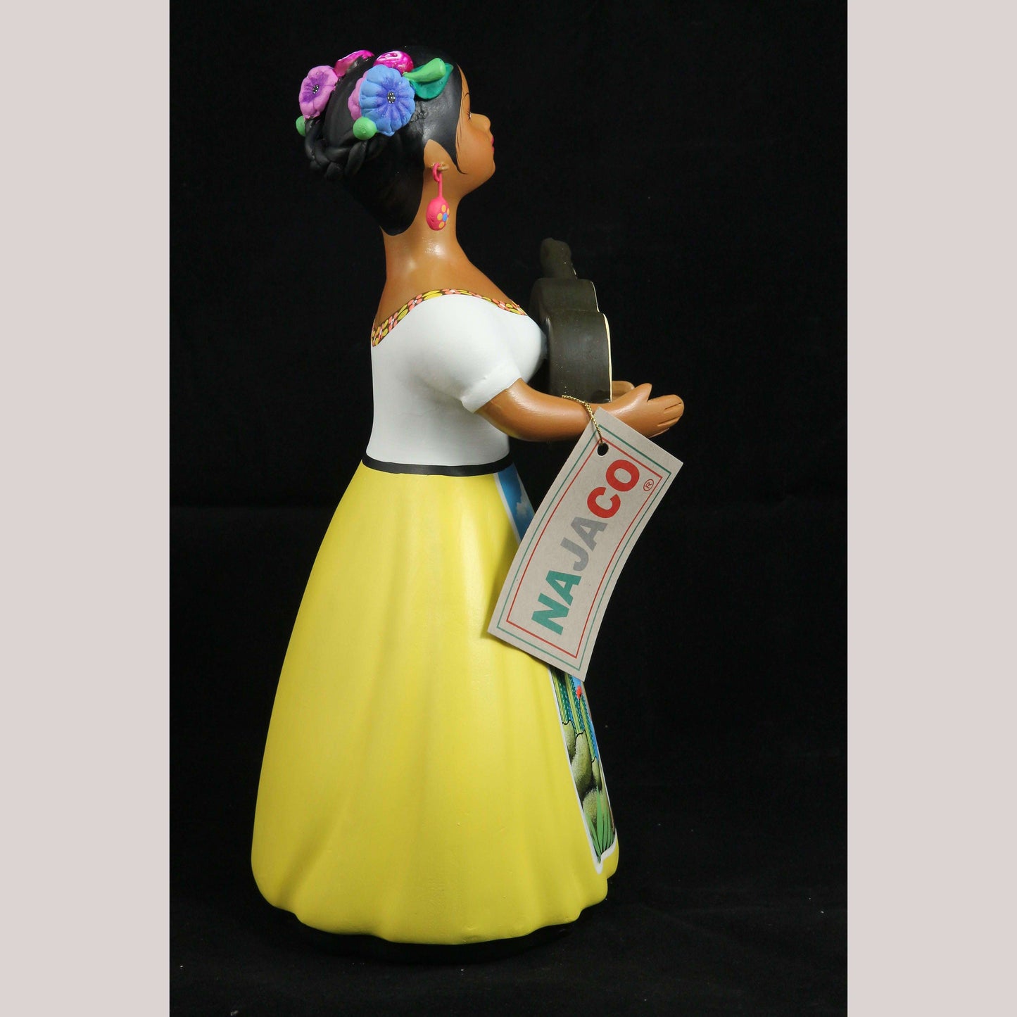 Lupita Najaco Ceramic/Pottery Doll/Figurine w Guitar Mexican Folk Art Yellow