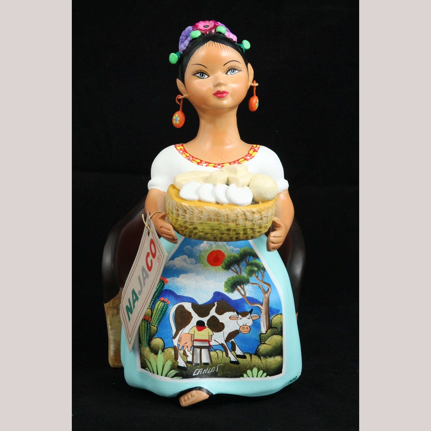 Lupita Najaco Ceramic Doll/Figurine/Chair Cheese Basket Mexican Folk Art Pastel