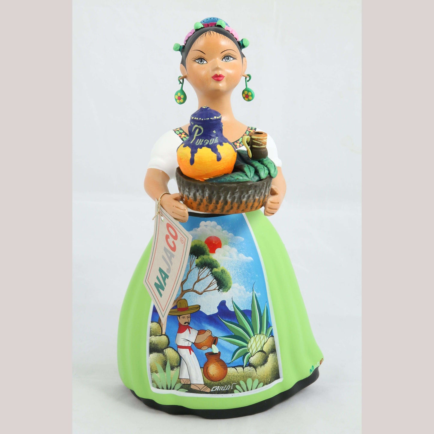Lupita Najaco Ceramic Doll/Figurine Mexican Folk Art Pulque Seller Lime Green