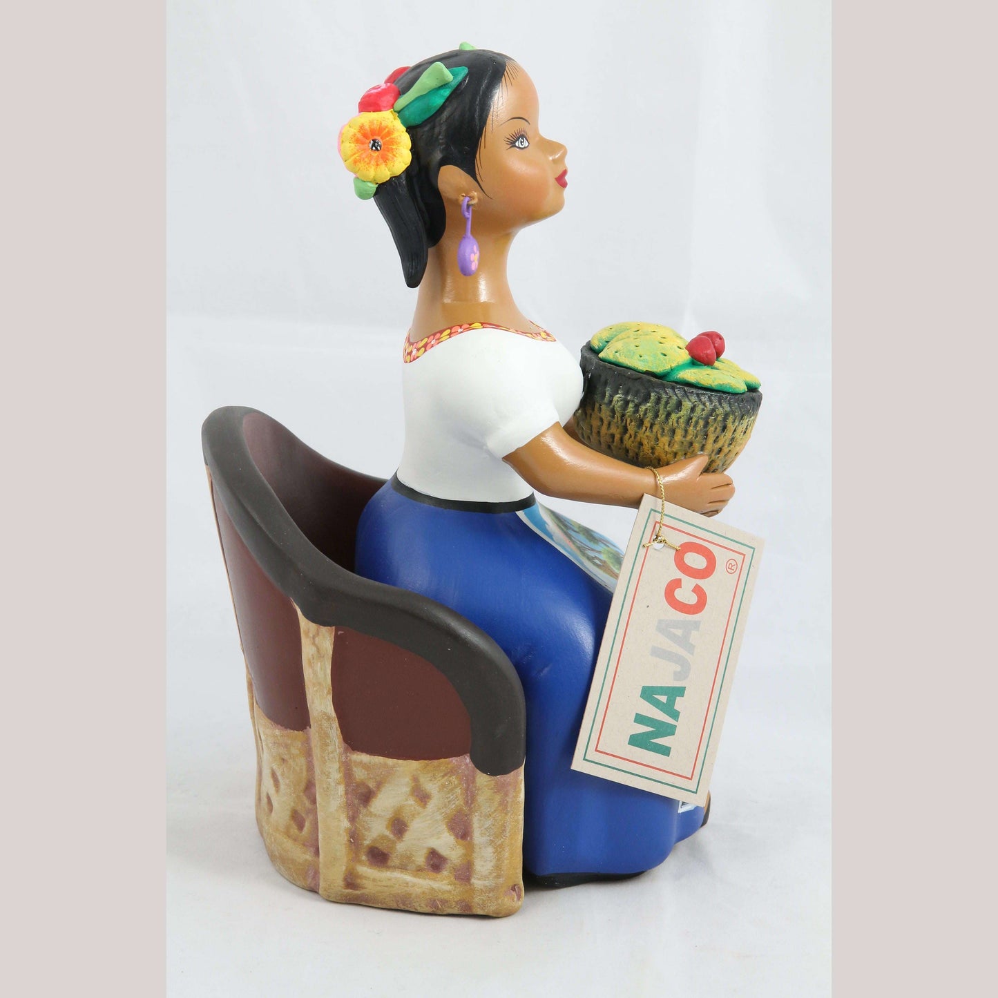 Lupita Ceramic Najaco Figurine Chair Nopales Basket Mexican Folk Art Royal Blue