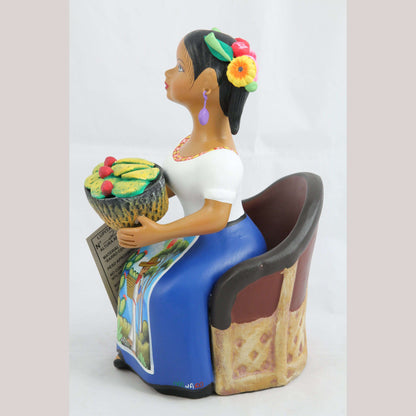Lupita Ceramic Najaco Figurine Chair Nopales Basket Mexican Folk Art Royal Blue