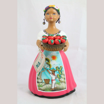 Lupita Najaco Ceramic Doll/Figurine Mexican Folk Art Apple Basket Décor Fuchsia