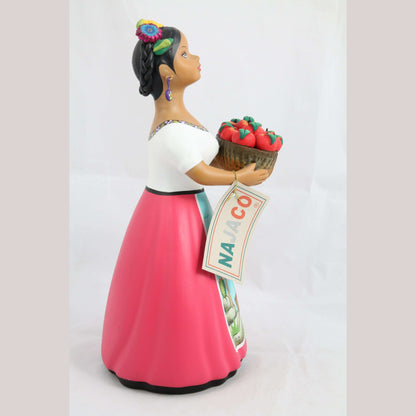 Lupita Najaco Ceramic Doll/Figurine Mexican Folk Art Apple Basket Décor Fuchsia
