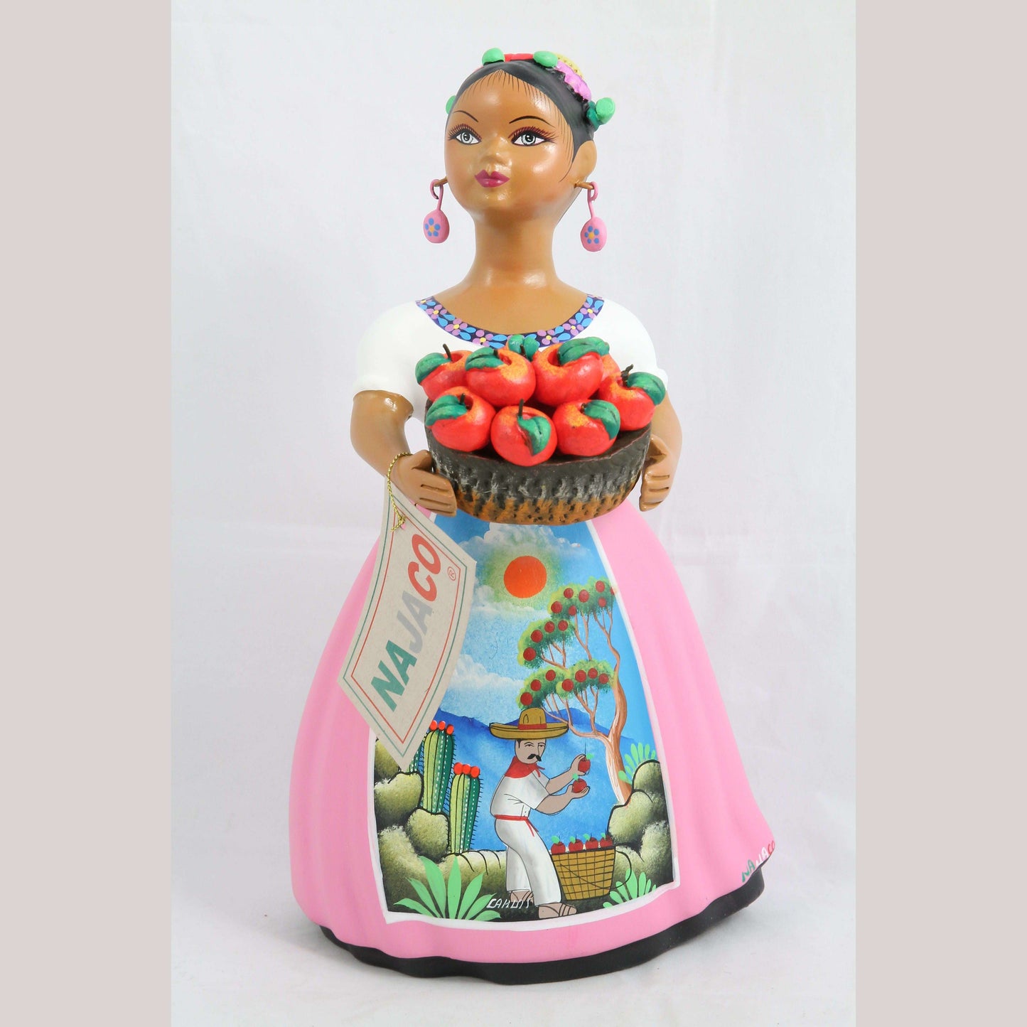 "Lupita" NAJACO Doll Ceramic Figurine  Apple Basket Décor Pink Skirt