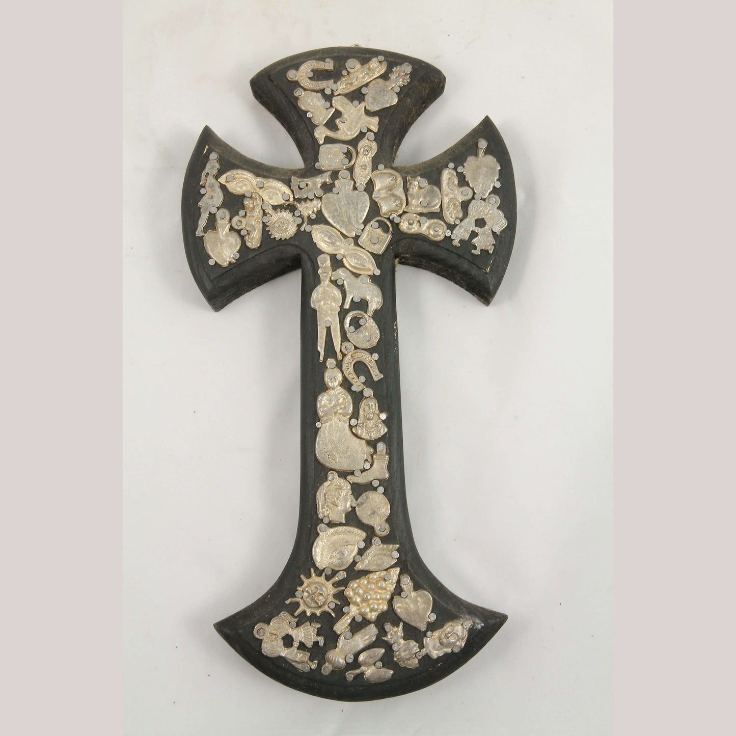 Lg Wood Hanging Cross/Milagros Mexican Folk Art Hand Made/Painted Religion Black