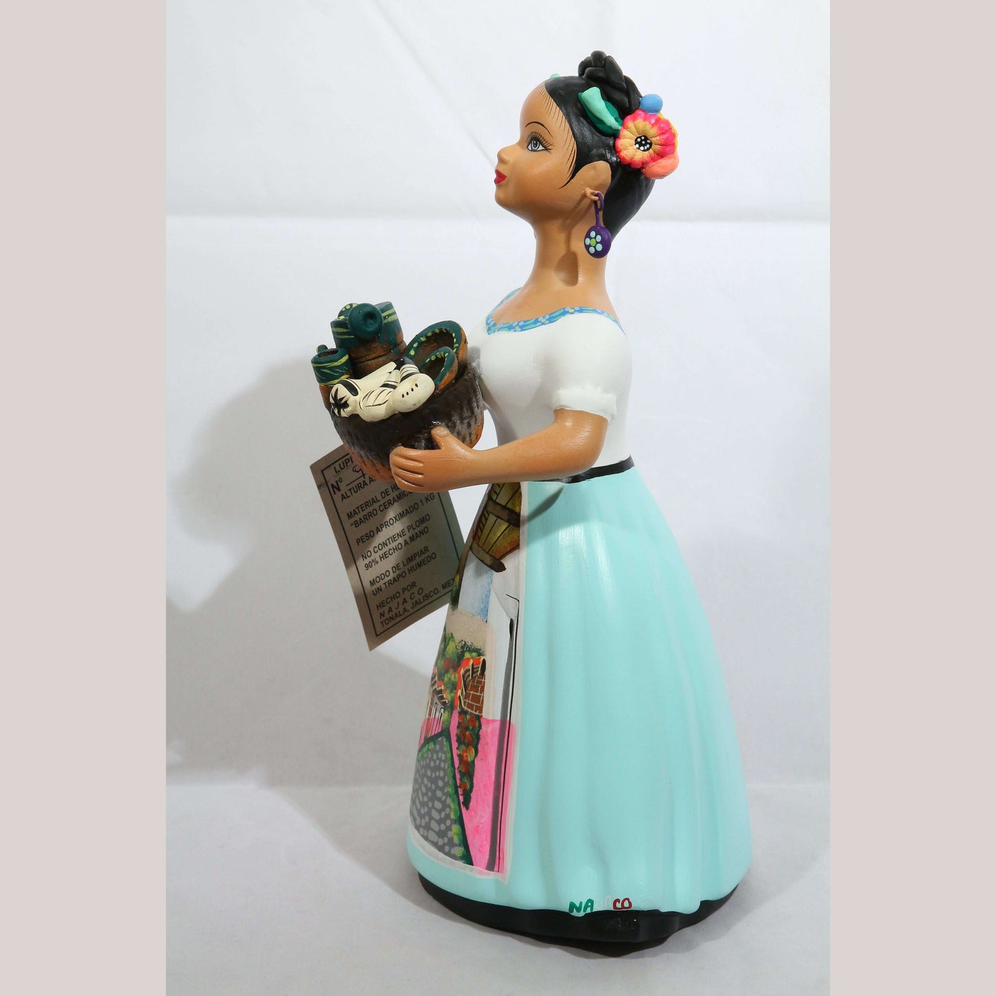 "Lupita" Female Ceramic Doll Mexican Kitchenware Basket Aqua