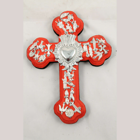 Sm Wood Hanging Cross/Milagros Mexico Folk Art Handmade/Painted Religious Red #2