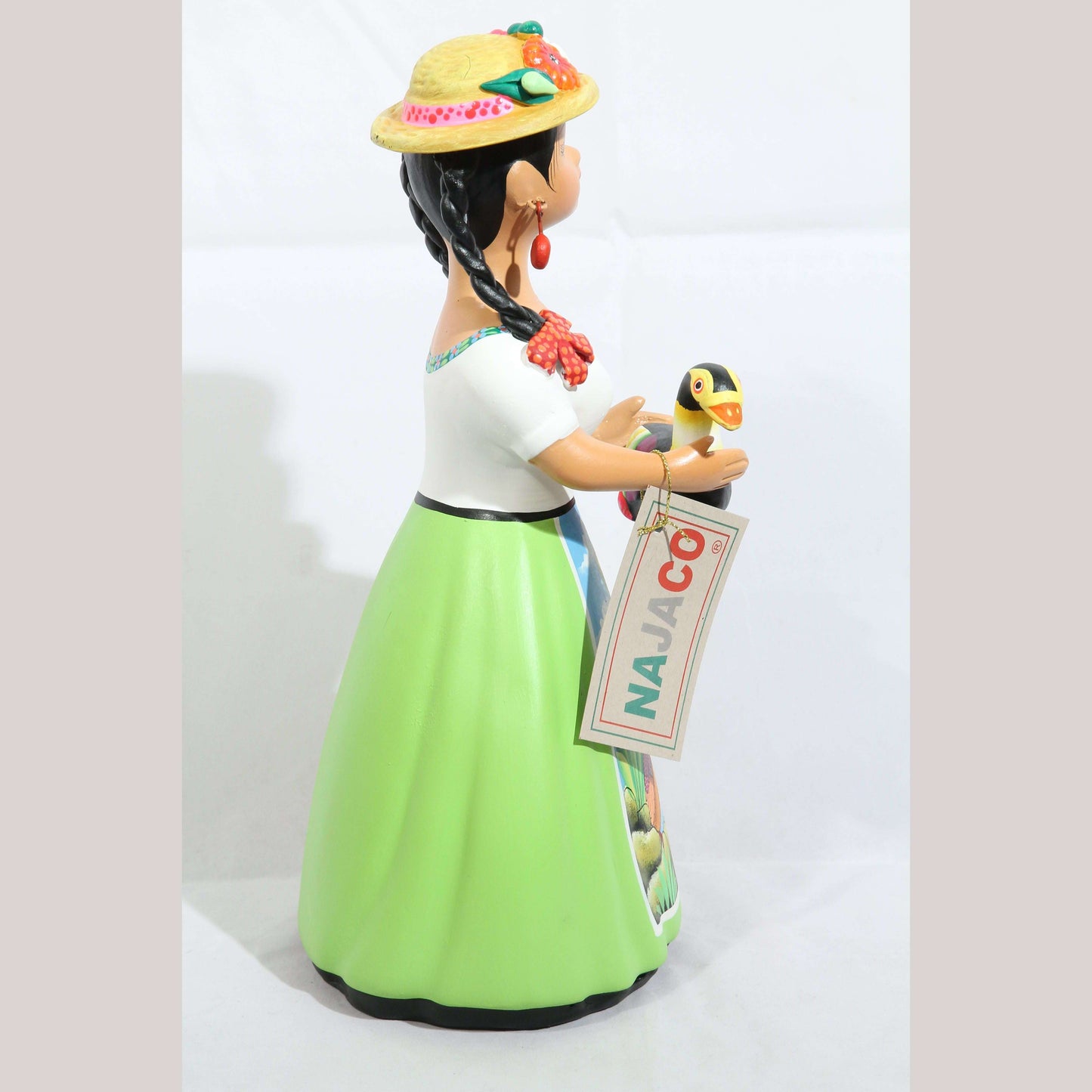 Lupita NAJACO Lime Green Ceramic Doll w Hat Holding Goose Mexican Folk Art