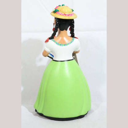Lupita NAJACO Lime Green Ceramic Doll w Hat Holding Goose Mexican Folk Art