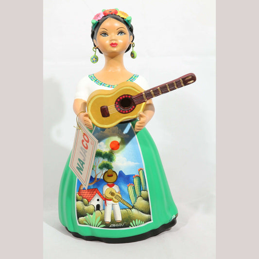 Lupita Najaco Ceramic/Pottery Doll/Figurine w Guitar Mexican Folk Art Green