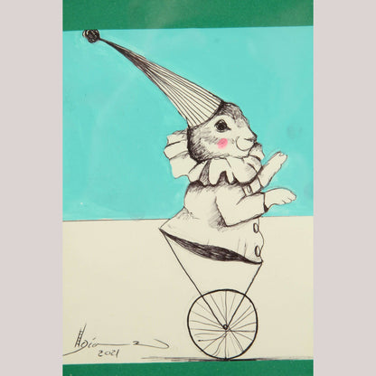 Mexico Acrylic Fine Art Painting Décor Hermes Diaz Circus Rabbit on Tricycle