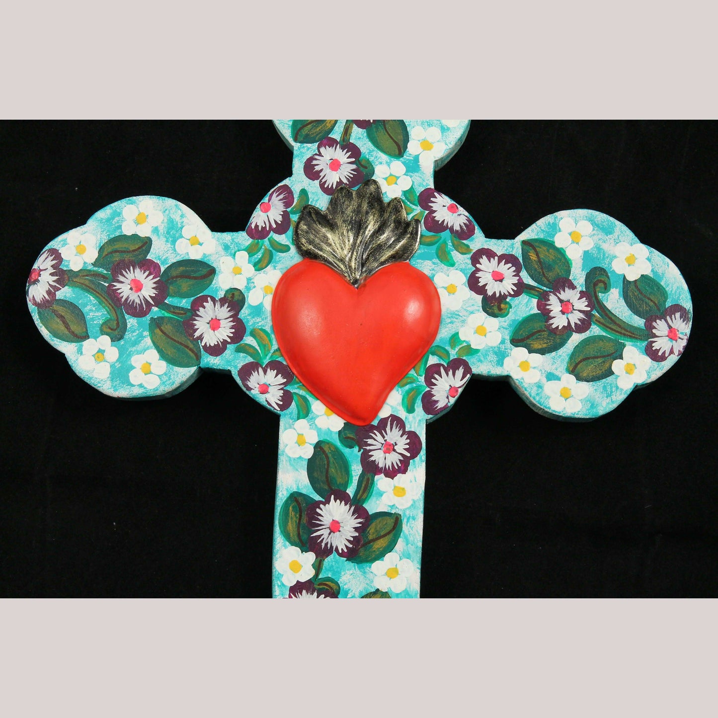 Lg Wood Hanging Cross/Milagro Mexican Folk Art Hand Made/Painted Flowers/Heart
