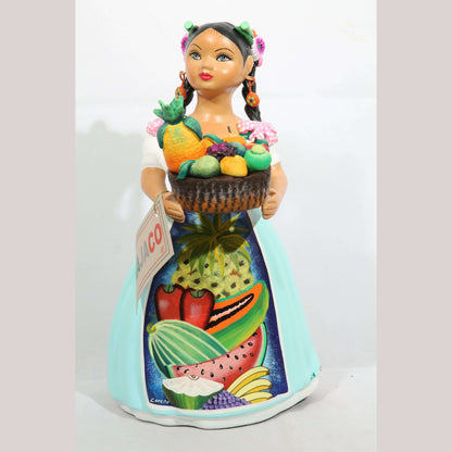 Lupita Najaco Ceramic Doll/Figurine Mexican Folk Art Fruit Basket Pottery Aqua
