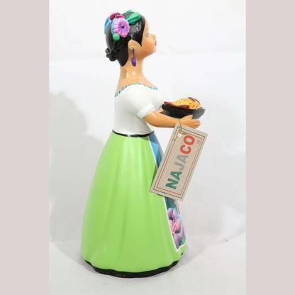 Lupita Doll NAJACO With Plate of Fish Lime Green Dress Ceramic Mexican