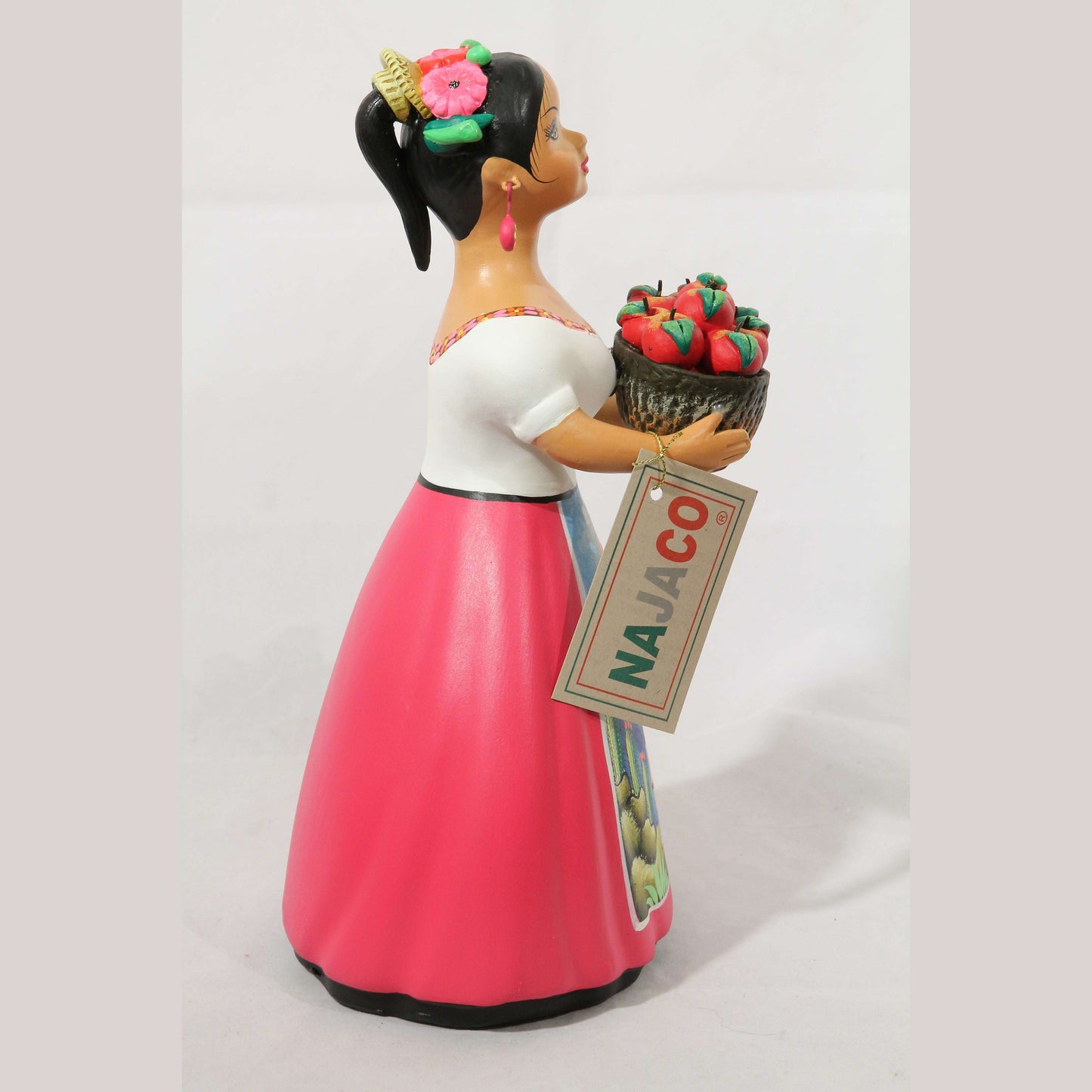 Lupita Doll Apple Seller Basket, Red Skirt Ceramic Mexican Folk Art