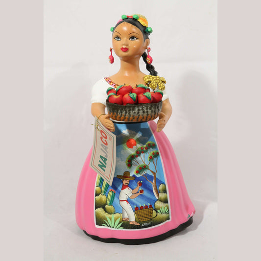 Lupita Najaco Ceramic Doll/Figurine Mexican Apple Basket Pink Skirt #2