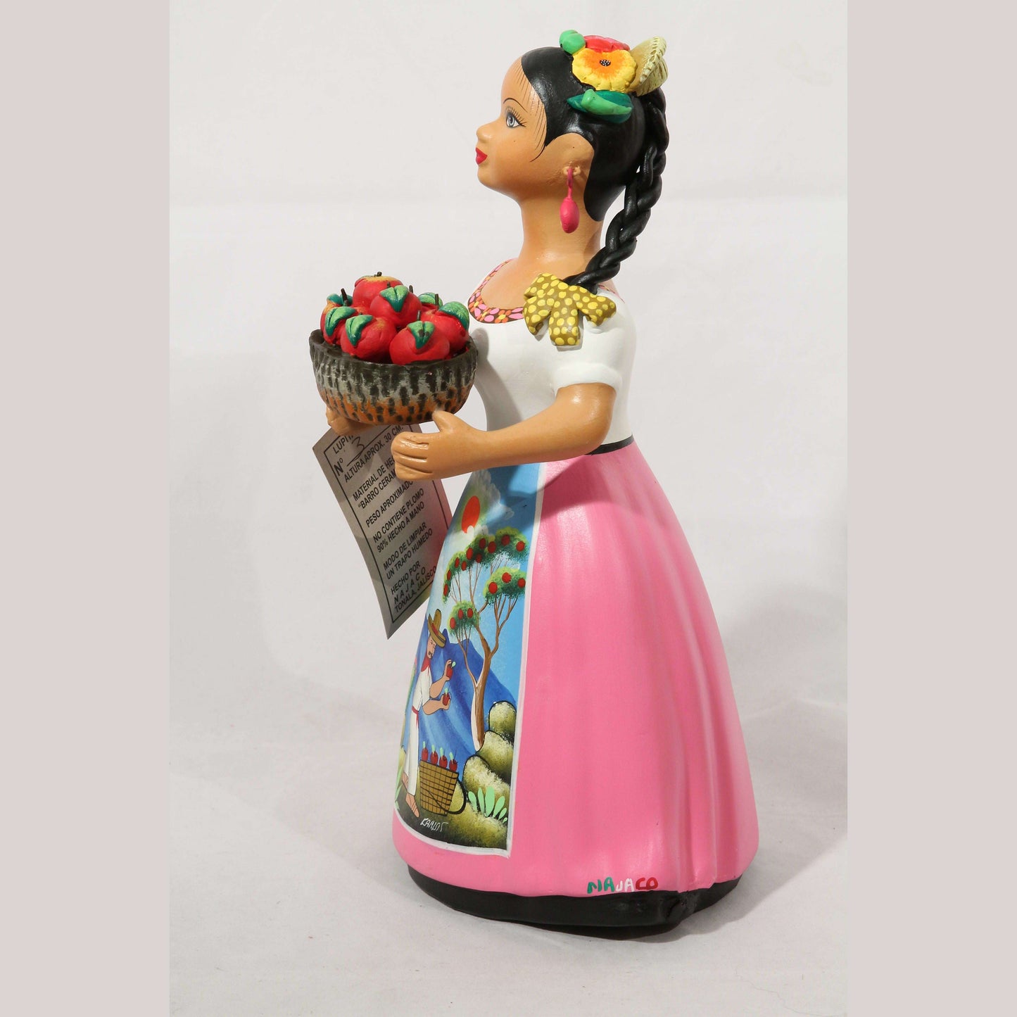 Lupita Najaco Ceramic Doll/Figurine Mexican Apple Basket Pink Skirt #2