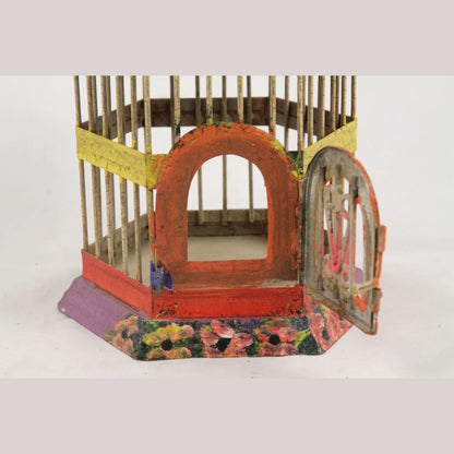 Tin Bird Cage Mexico Folk Art Collectible Décor Hand Painted Garden/Inside Use