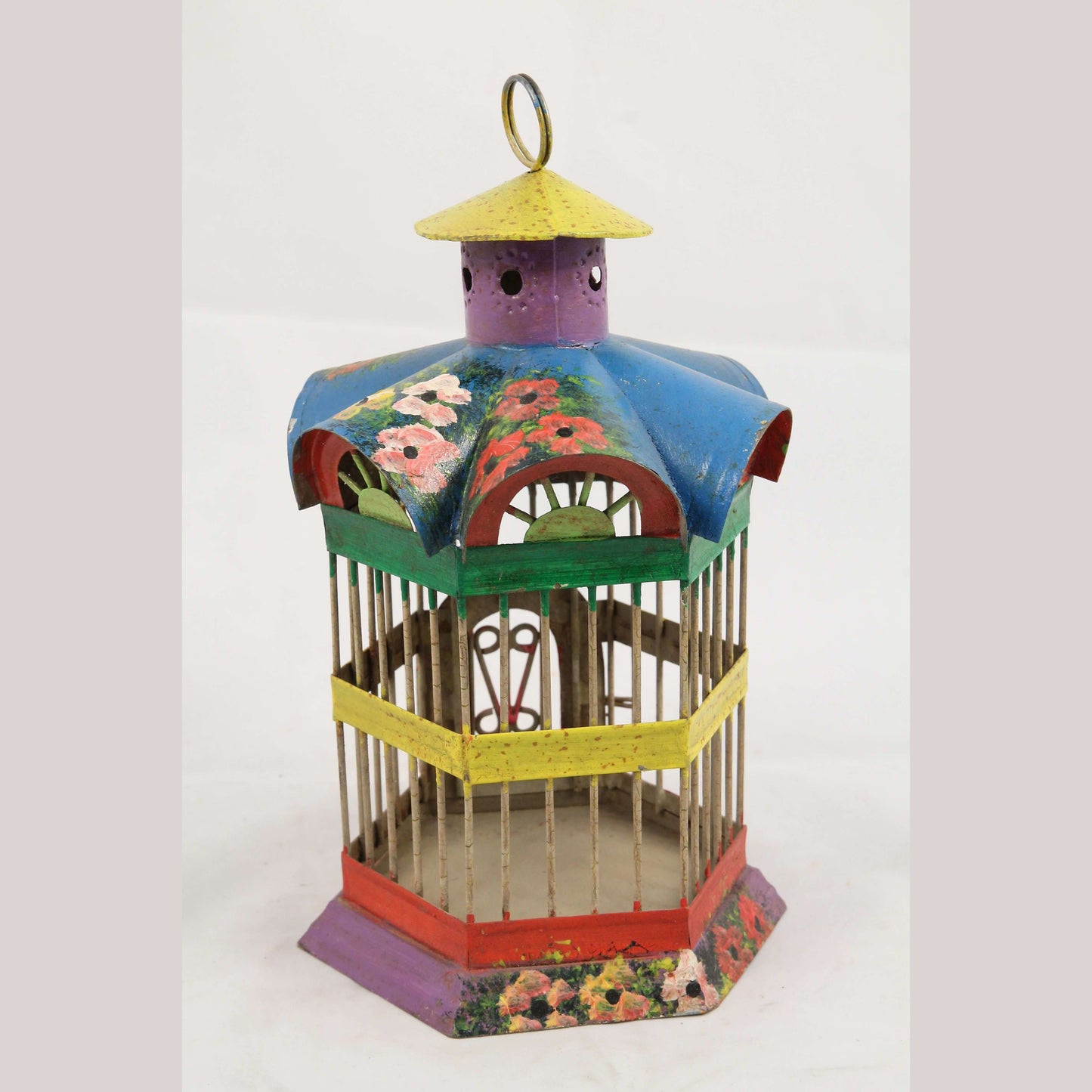 Tin Bird Cage Mexico Folk Art Collectible Décor Hand Painted Garden/Inside Use