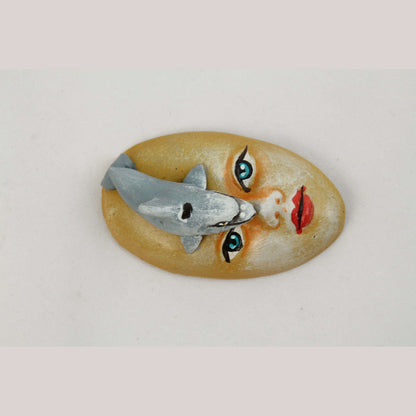 Ceramic Hanging Tiny Gold Mask w Dolphin Mexican Folk Art Macias Family Pottery