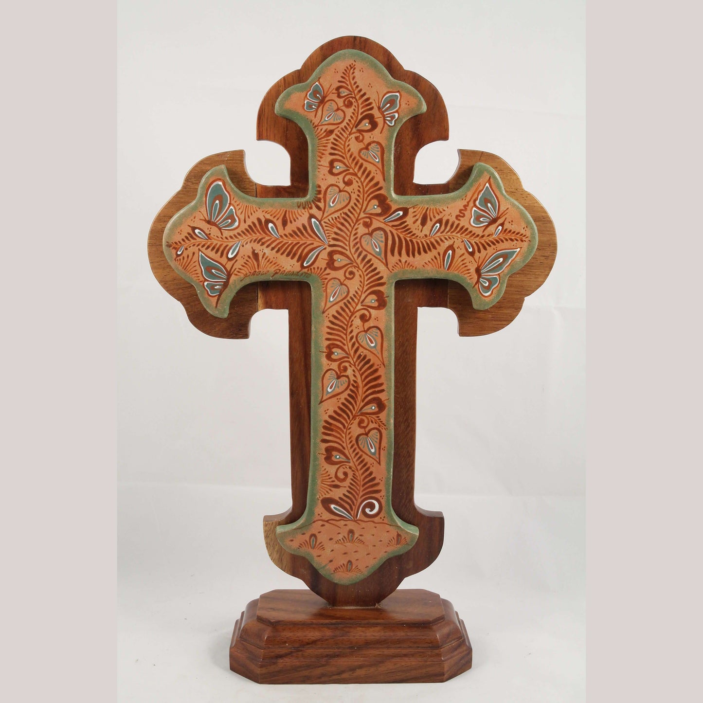 XL Ceramic/Wood Cross Mexican Folk Art Collectible Religious Pablo Pajarito