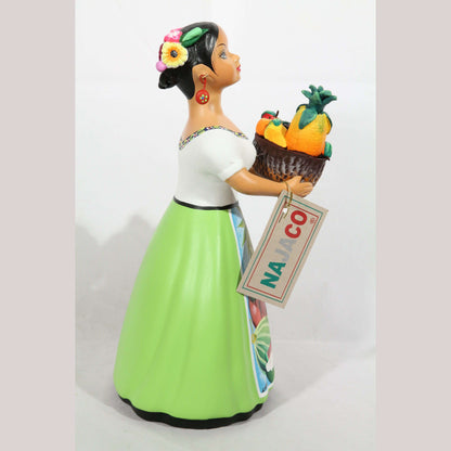 Lupita Doll Basket Fresh Fruit Lime Green Dress Ceramic Mexican Folk Art
