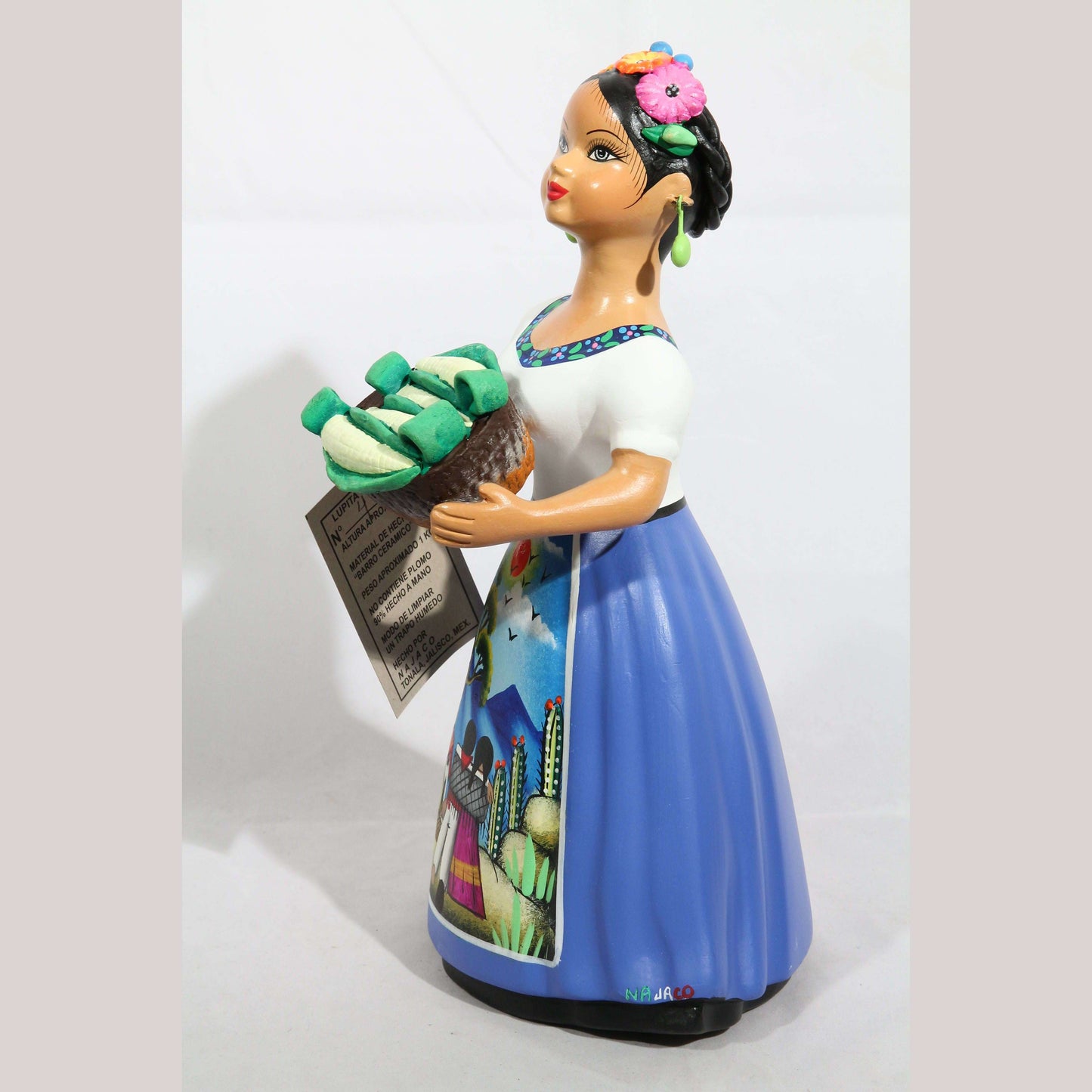 Najaco Lupita Doll/Figurine Ceramic Mexican Folk Art Basket of Corn New Blue