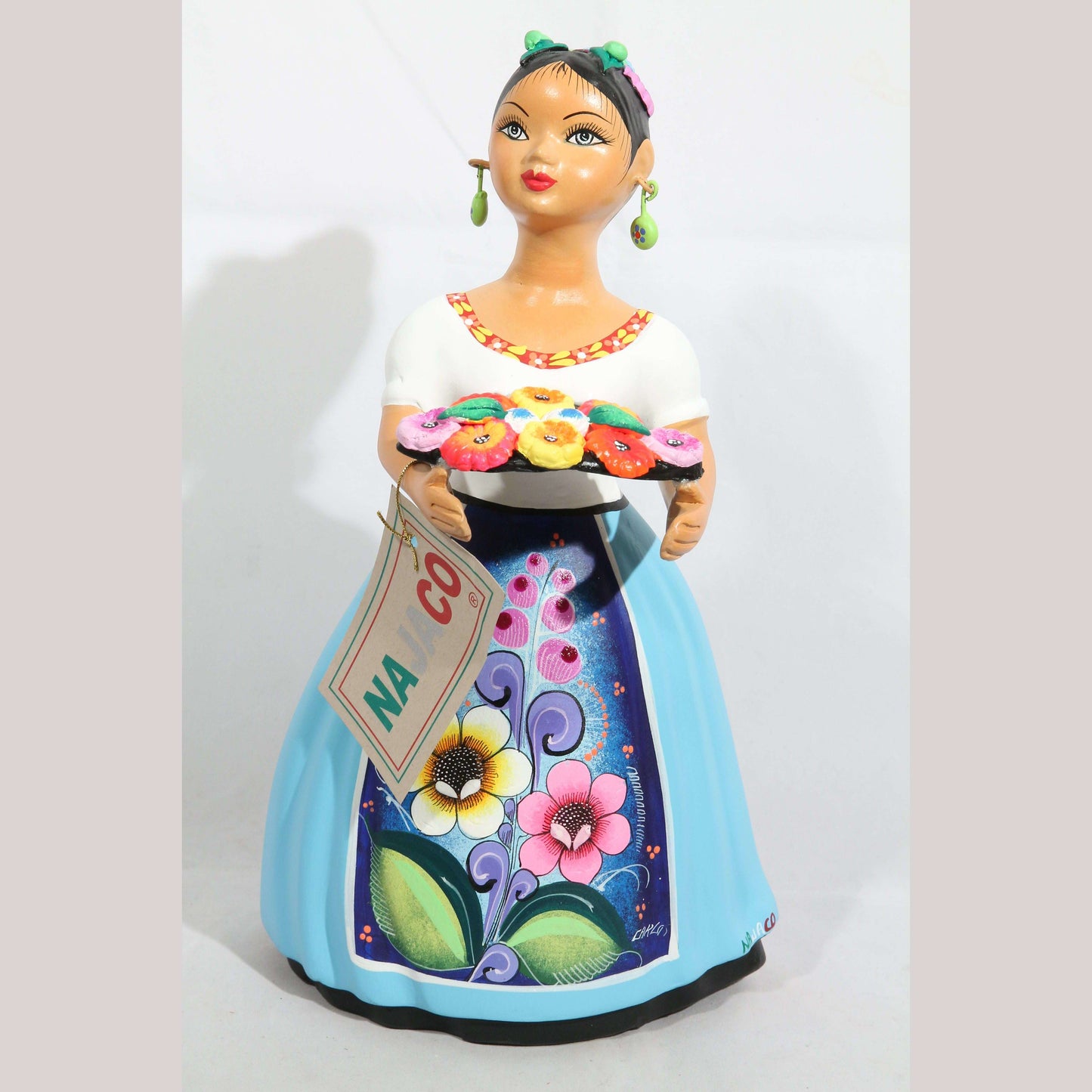 Najaco Lupita Figurine Ceramic/Pottery Mexican Folk Art Marigold Tray Sky Blue