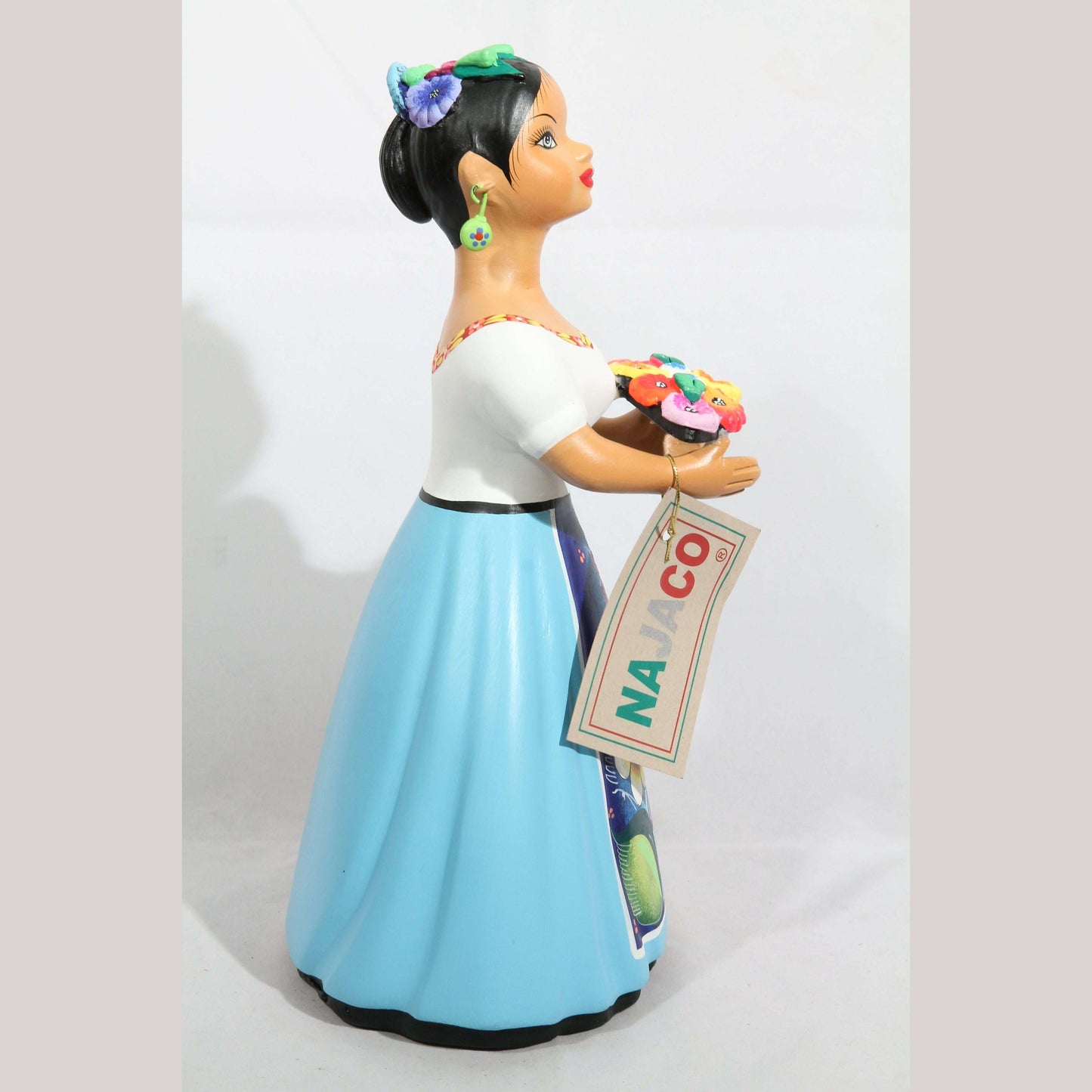 Najaco Lupita Figurine Ceramic/Pottery Mexican Folk Art Marigold Tray Sky Blue