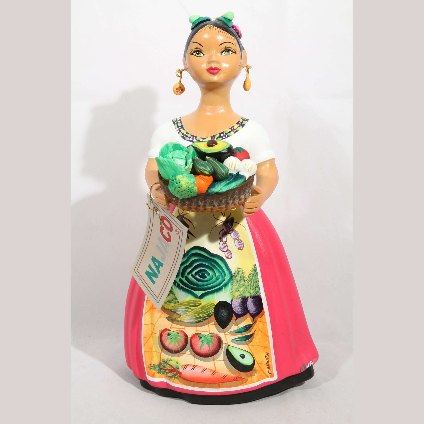 Lupita Ceramic Figurine Basket Vegetables Mexican Folk Art Fuchsia #2