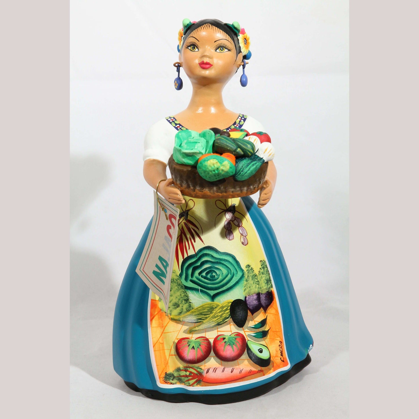 Najaco Lupita Ceramic Figurine Vegetable Basket Mexico Folk Art Teal