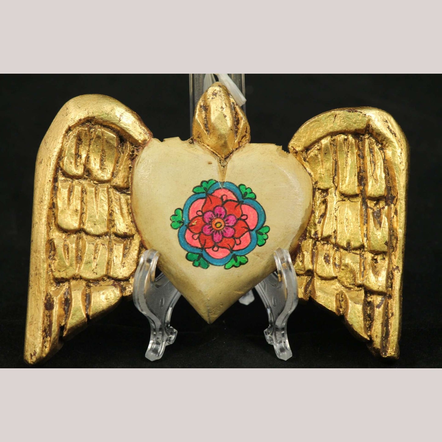 New Wood Hanging Heart w Wings/Flower Handmade/Painted Rustic Mexican Folk Art