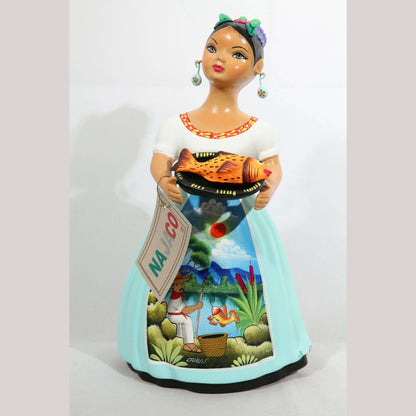 Lupita Doll NAJACO With Plate of Fish Sky Blue Dress Ceramic Mexican