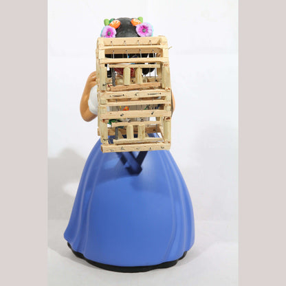 Lupita NAJACO Ceramic Doll Figurine Mexico Folk Art Back Cage Bird New Blue #2
