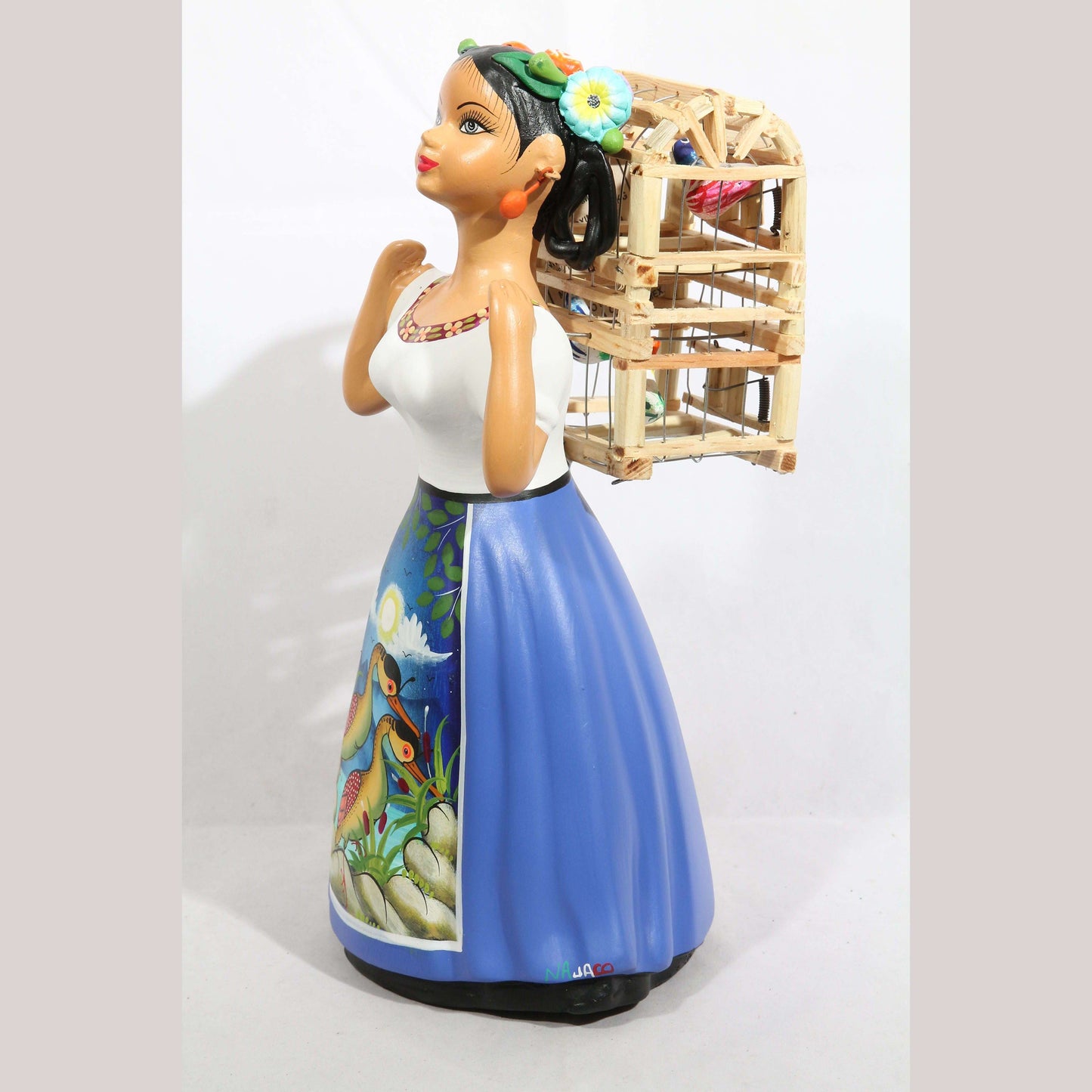 Lupita NAJACO Ceramic Doll Figurine Mexico Folk Art Back Cage Bird New Blue #2