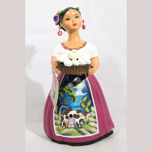 Premium "Lupita" Doll NAJACO Ceramic Mexican Cheese Basket Purple Skirt