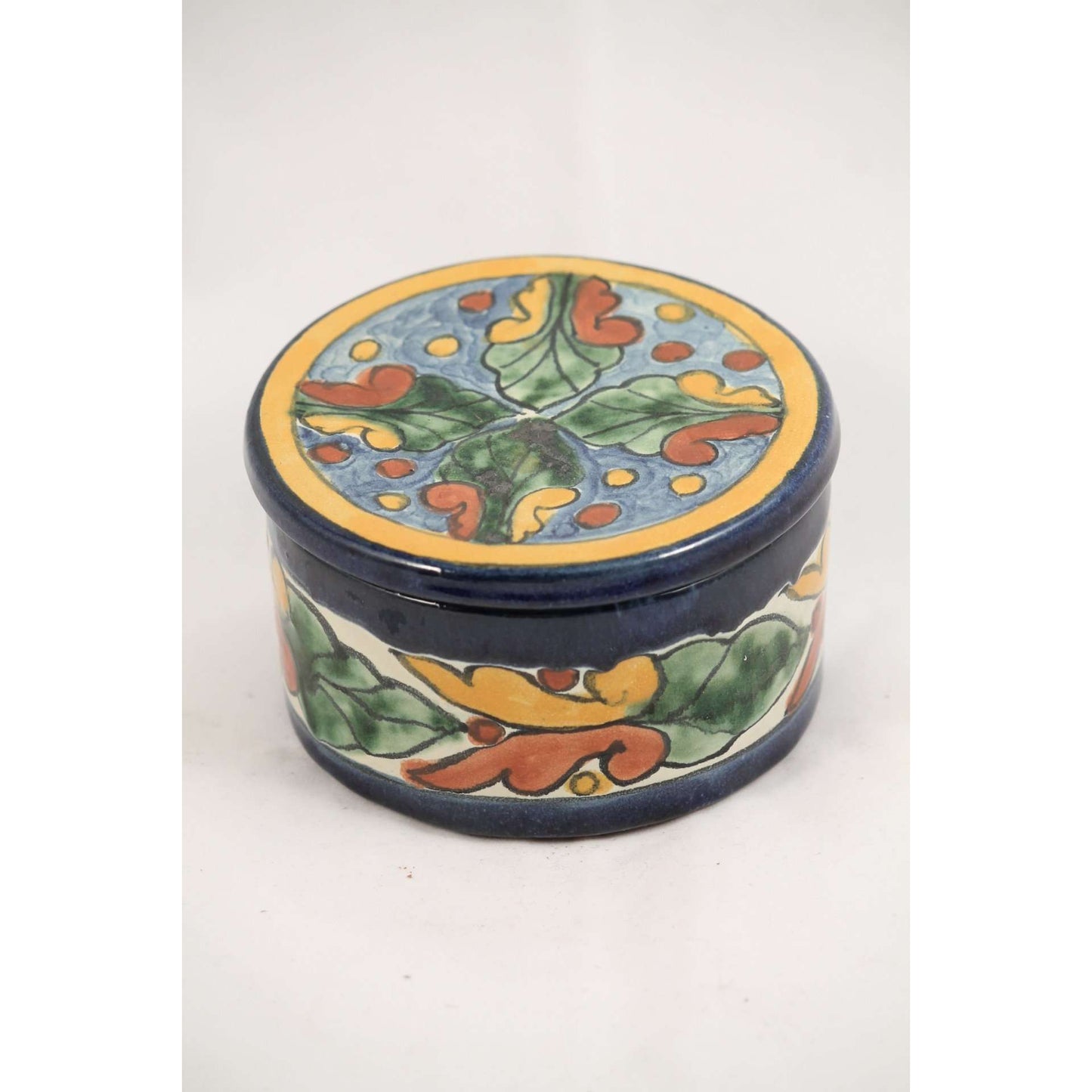 Handmade/ Painted Mexican Ceramic Circle Box w Lid