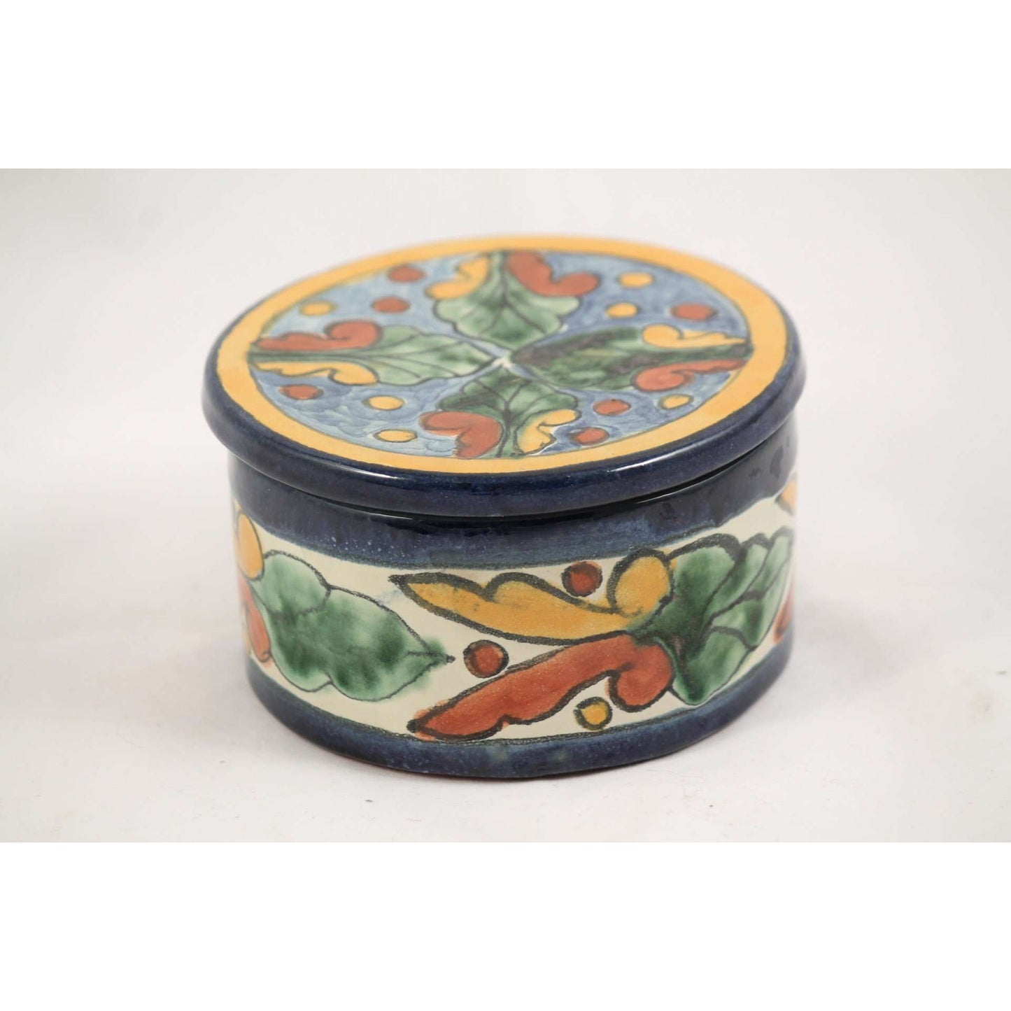 Handmade/ Painted Mexican Ceramic Circle Box w Lid